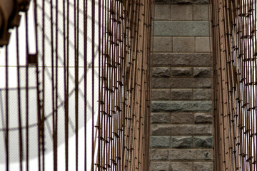 Left cables of the Brooklyn Suspension Bridge linking the boroughs of Manhattan and Brooklyn in New...