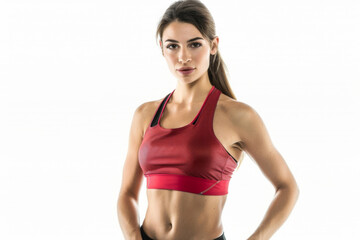 Fototapeta premium Portrait of smart woman posing for exercise isolated on white background, wearing sport shirt for workout at fitness, healthy body.