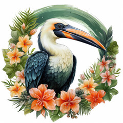 Obraz premium watercolor Tropical Summer Frame featuring pelican clipart, Generative Ai