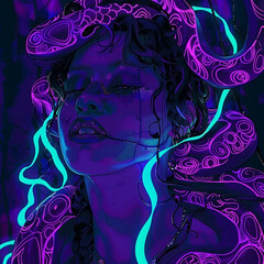 Lamia in minimalist style lost in a vaporwave dreamscape her serpentine form blending with neon echoes of myth and modernity