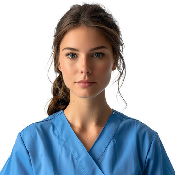 A serious portrait photo of a white female doctor on a transparent background. A skilled female physician in a blue scrubs on a transparent background for medical website. PNG format.