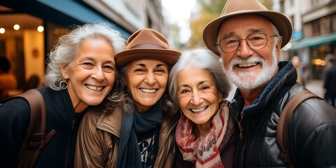 Elderly group embraces nature during a stroll capturing memories with a selfie. Concept Elderly Care, Nature Walk, Selfie Memories, Group Photo, Joyful Moments - obrazy, fototapety, plakaty