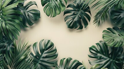 A minimal summer background featuring Monstera leaves, with space for text