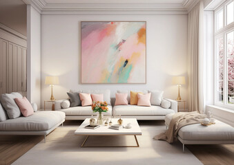 Fototapeta na wymiar Gray sofa with pillows and white wall with abstract art Modern living room interior design