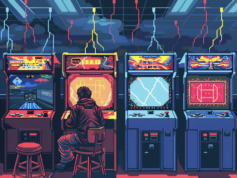 Nostalgic 80s arcade where Zeus plays video games lightning bolts in pixel art minimal surrounded by retro futuristic aesthetics