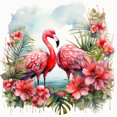 watercolor Tropical Summer Frame featuring pelican clipart, Generative Ai