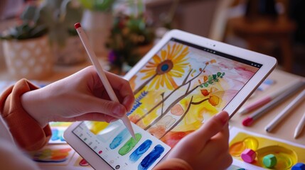 Close-up of hands drawing a vibrant digital painting on a tablet with a stylus, showcasing modern digital art techniques and creativity.