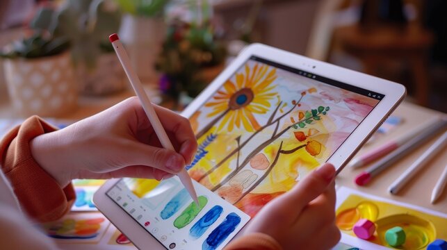 Close-up of hands drawing a vibrant digital painting on a tablet with a stylus, showcasing modern digital art techniques and creativity.