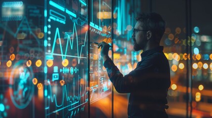 A man engages with a complex data analytics interface, showcasing charts and graphs that represent modern data analysis techniques.