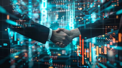 Two professionals engage in a handshake against a backdrop of glowing digital data and financial...