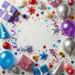Festive frame or background featuring colorful balloons, gifts, confetti, silver stars