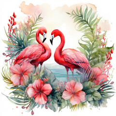watercolor Tropical Summer Frame featuring pelican clipart, Generative Ai