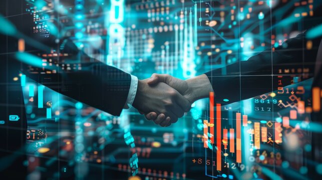 Two professionals engage in a handshake against a backdrop of glowing digital data and financial graphs, symbolizing a futuristic business agreement.
