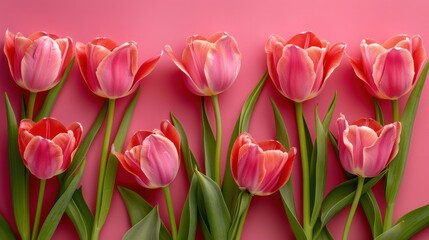 Naklejka premium Pink tulip flowers on a pink background, symbolizing the anticipation of spring