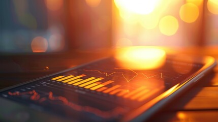 A tablet on a wooden surface showing financial performance charts bathed in the warm glow of a sunset.