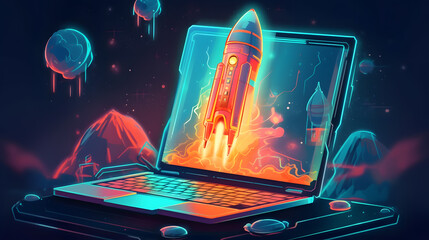   a laptop with a rocket launcher moving in space through space
