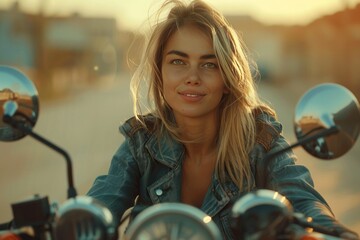 Fototapeta na wymiar Young beautiful woman biker sits on her motorcycle and looks into the camera smiling