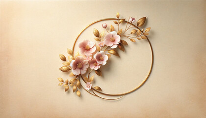  An elegant gold circle, intertwined with soft pink pastel flowers, all set against a soothing cream background