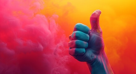 
Hand in bright paint with thumb up. Abstract painting background with approval or like gesture.
Concept: positive assessment, support and optimism in social media - obrazy, fototapety, plakaty
