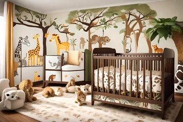 A safari-themed baby room with adorable animal prints, jungle wall decals, and a cozy crib surrounded by plush wildlife friends - obrazy, fototapety, plakaty