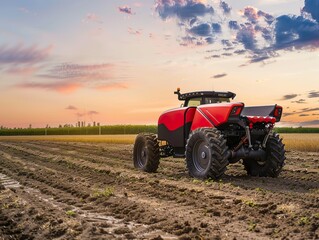 Fototapeta premium Autonomous tractors plowing fields driverless innovation agricultures automated future