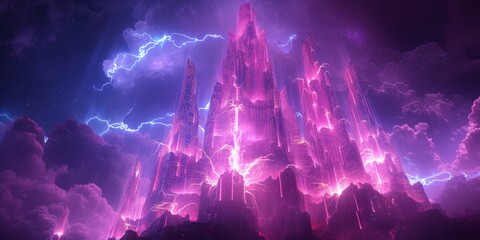 Fantasy landscape with electric pink crystal mountains under a stormy sky, a vibrant scene perfect for gaming backgrounds and sci-fi illustrations