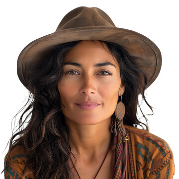 A thoughtful portrait photo of a native american female poet on a transparent background. A expressive female writer in a brown hat on a transparent background for poetry service.