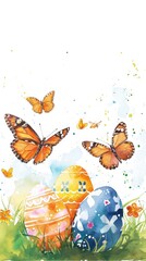 Vibrant Orange Butterflies and Watercolor Easter Eggs on a Bright Background.