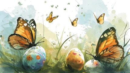 Easter Serenity with Monarch Butterflies Resting on Pastel Eggs.
