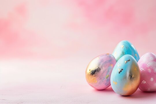 Soft Pastels: Artistic Easter Eggs Against a Dreamy Pink Watercolor Canvas.