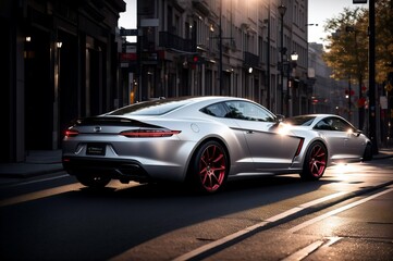 3D rendering of a brand-less generic concept car in the city