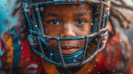  a close up of a young child wearing a football helmet with snow falling all over the sides of the helmet and the face of the young child's head.