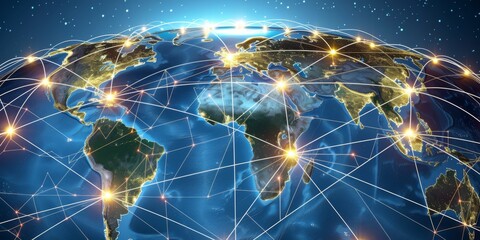 Vibrant global network concept with glowing nodes and lines over a world map, suitable for presentations on connectivity and technology