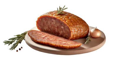 smoked sausage with spices and herbs isolated on transparent background