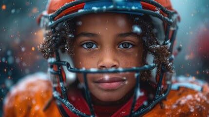  a close up of a young football player wearing a helmet with snow falling all over his face and behind him is a blurry image of a blurry background.