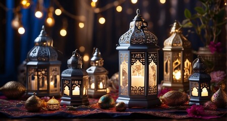 Create an ultra-realistic image capturing the intricacy of Ramadan decorations, featuring beautifully arranged string lights, ornate lanterns, and elegant textiles-Ai Generative - obrazy, fototapety, plakaty