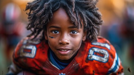  a close up of a young man with dreadlocks wearing a football uniform and looking at the camera with a serious look on his face, with a blurry background.