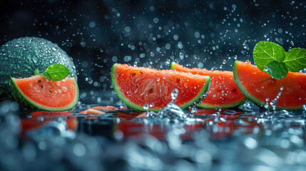 Watermelon fruit slices in the air with water splash