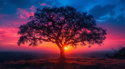 Artistic tree silhouette with colorful sunset, emphasizing tree photography, peaceful mood, in a serene national park setting.