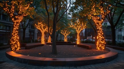 Tree silhouettes blend with urban spaces, illuminated at night, creating an art installation merging nature with city life.