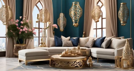 Poster Explore the elegance of Ramadan decorations with an ultra-realistic image of a room adorned with sophisticated and modern decor elements, from metallic accents to contemporary geometric -Ai Generative © Sbahat