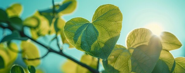 Heart-shaped leaves against a bright sky show love for nature, tree protection, on a clear day.