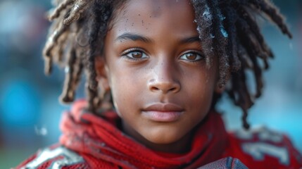  a close up of a young person with dreadlocks and a red scarf around his neck and a blue sky in the background and a blurry blurry background. - obrazy, fototapety, plakaty