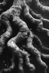 Intertwining tree roots reflect strength and stability against a dark forest floor backdrop.