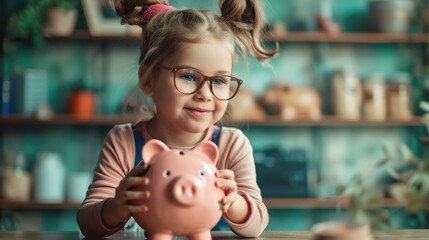 Obraz premium Girl putting coin into piggy bank at table. Money saving concept