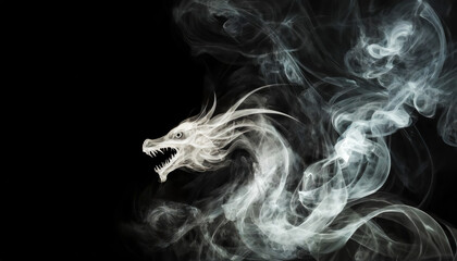 Dragon ondulé de fumée blanche avec espace de copie sur fond noir