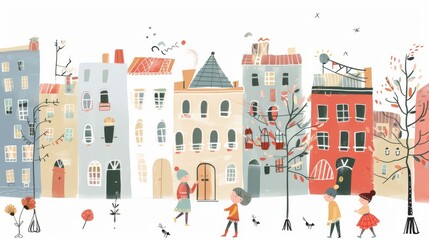 Happy children and houses illustration, depicting a diverse neighborhood, perfect for community themes, kids' education, and social concepts.