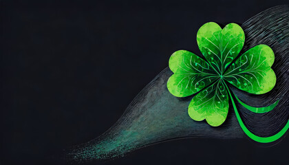 Trefle vert à quatre feuilles avec espace de copie sur fond noir, sentiment de chance