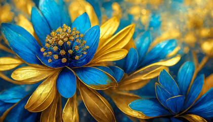 Magnifiques fleurs d'or avec texture d'arrière-plan marbré de couleur turquoise