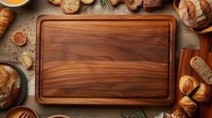Top view of a wooden cutting board among various breads, evoking themes of food preparation, cooking, and rustic cuisine.